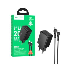 Hoco Adapter N68 Nuevo Single Port PD20W with Type-C to Lightning 1M Black